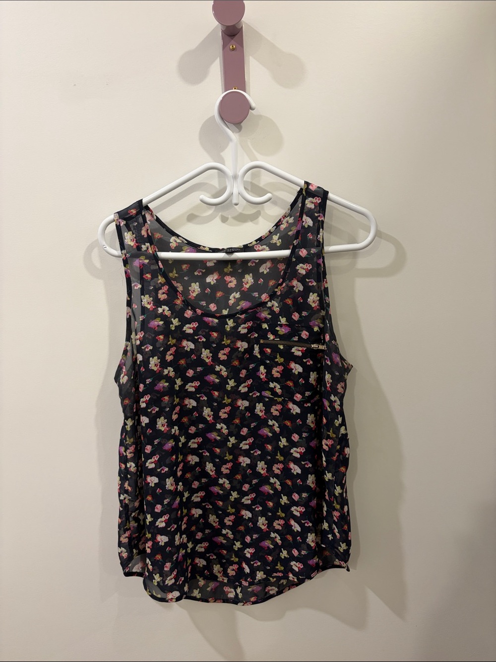 Topshop navy Floral Scoop Tank with Pink, Cream & Green Accents